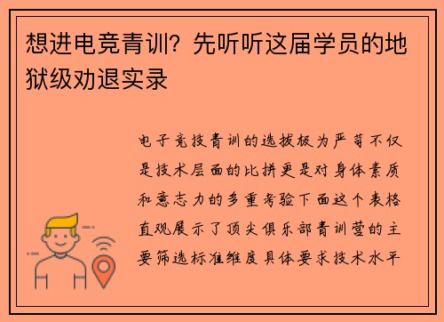 想进电竞青训？先听听这届学员的地狱级劝退实录